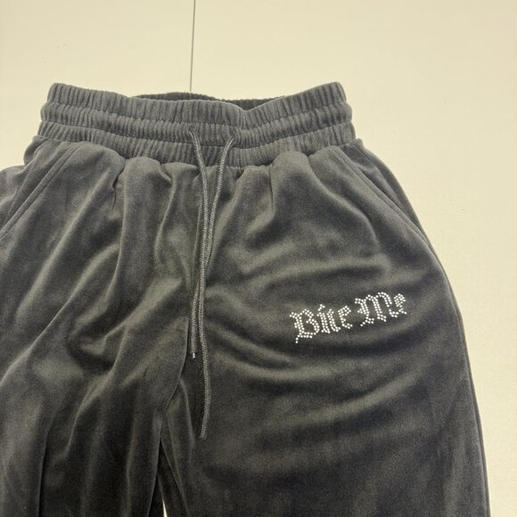 Y2K Style Velour Pants Womens Small Black 'Bite Me' Rhinestones Casual (25x28.5) - Picture 4 of 13